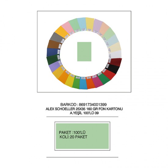 ALEX FON KARTONU 160GR 25X35 NO:09 A.YEŞİL 100LÜ